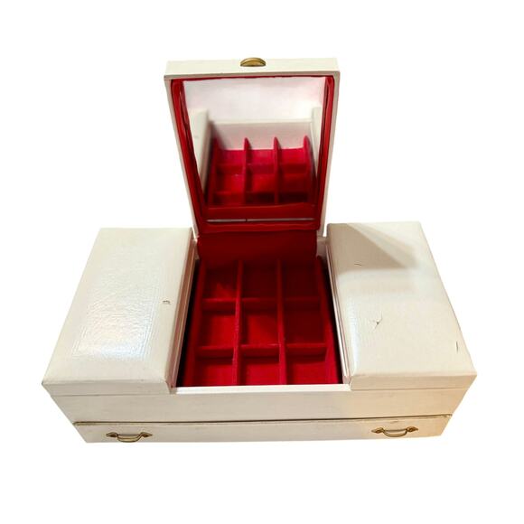 VTG Cream Multi-Compartment Jewelry Box with Red Velvet Interior & Mirror - Picture 8 of 10